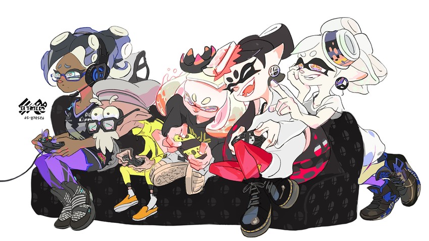 callie, marie, marina, pearl, and cap'n cuttlefish (splatoon and 3 more) drawn by inoue_seita