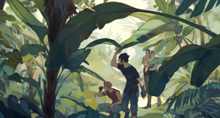 noctis lucis caelum, gladiolus amicitia, prompto argentum, and ignis scientia (final fantasy and 1 more) drawn by sayuyuv