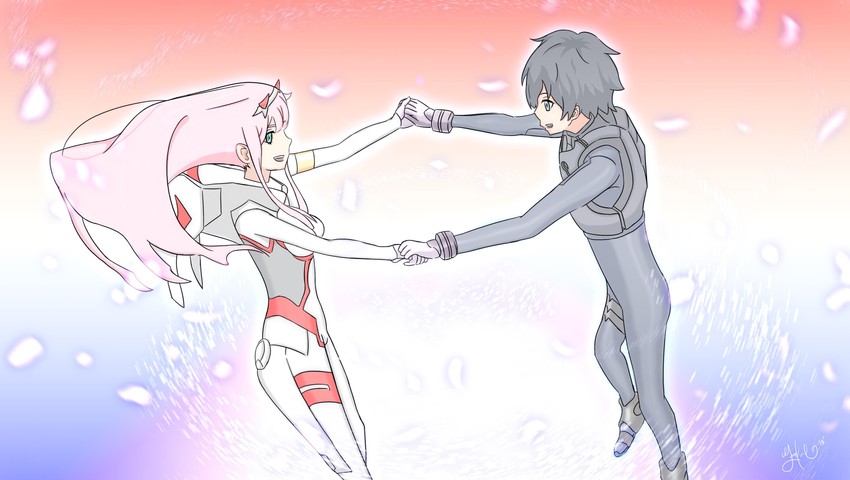 zero two and hiro (darling in the franxx) drawn by brotherwolf10