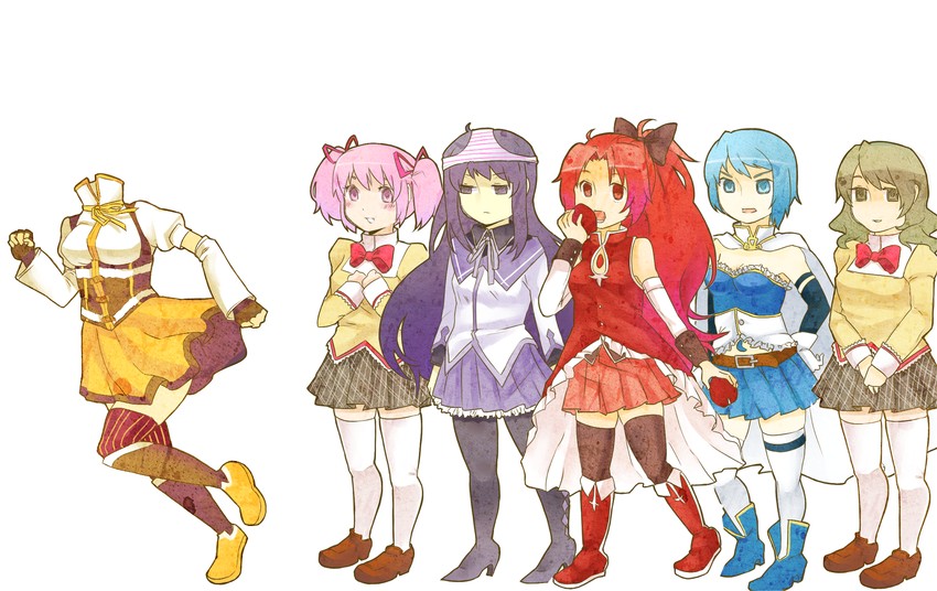 akemi homura, kaname madoka, miki sayaka, sakura kyoko, tomoe mami, and 1 more (mahou shoujo madoka magica and 1 more) drawn by goldfishu