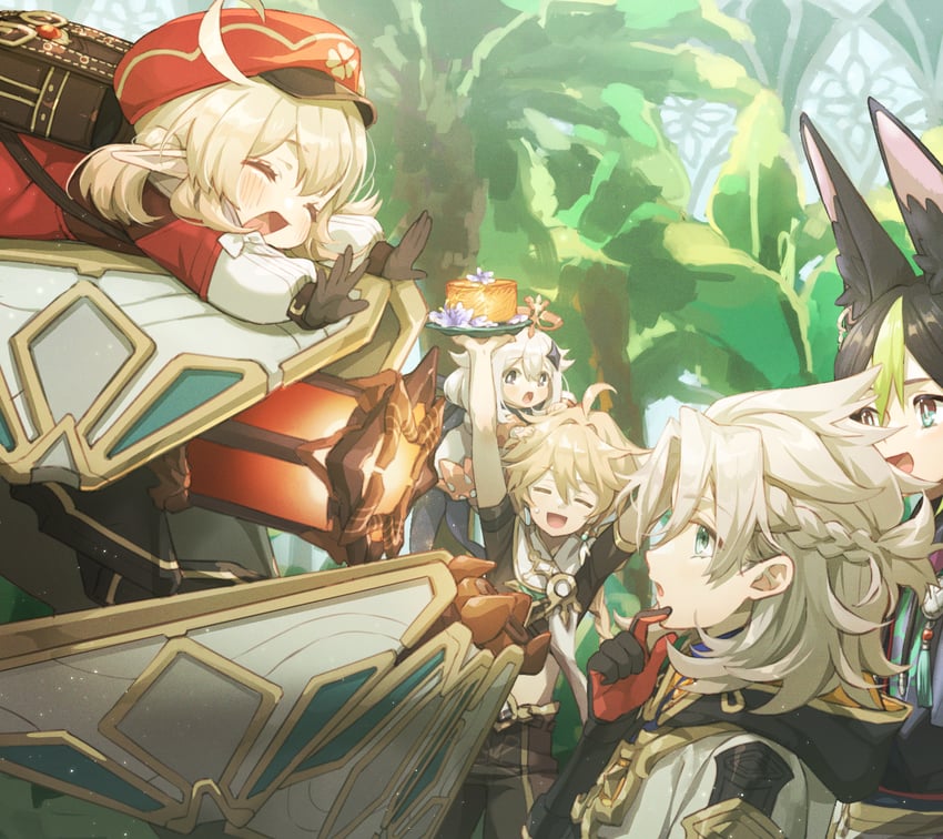 aether, paimon, klee, tighnari, and albedo (genshin impact) drawn by yoco_n