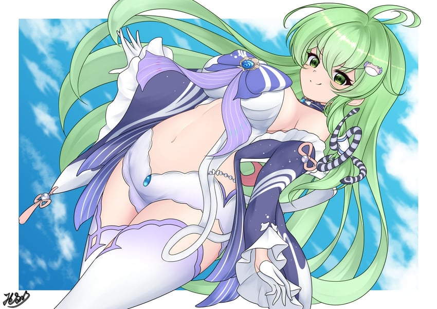 kochiya sanae and sangonomiya kokomi (touhou and 1 more) drawn by mishihura393