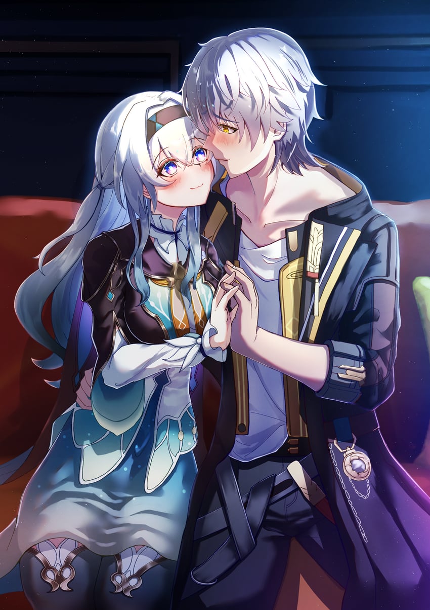 trailblazer, firefly, and caelus (honkai and 1 more) drawn by memeiradesuyo