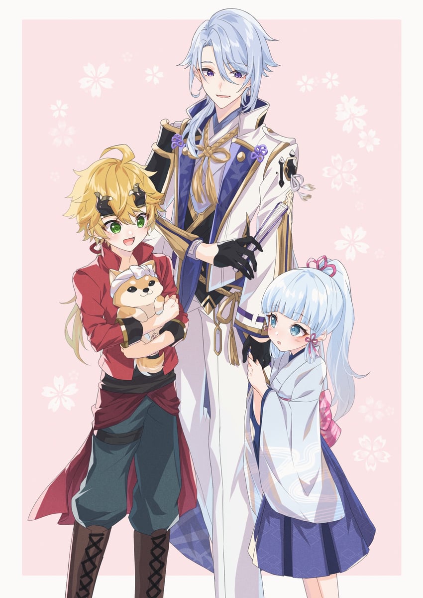 kamisato ayaka, kamisato ayato, thoma, and taroumaru (genshin impact) drawn by mizuamememe