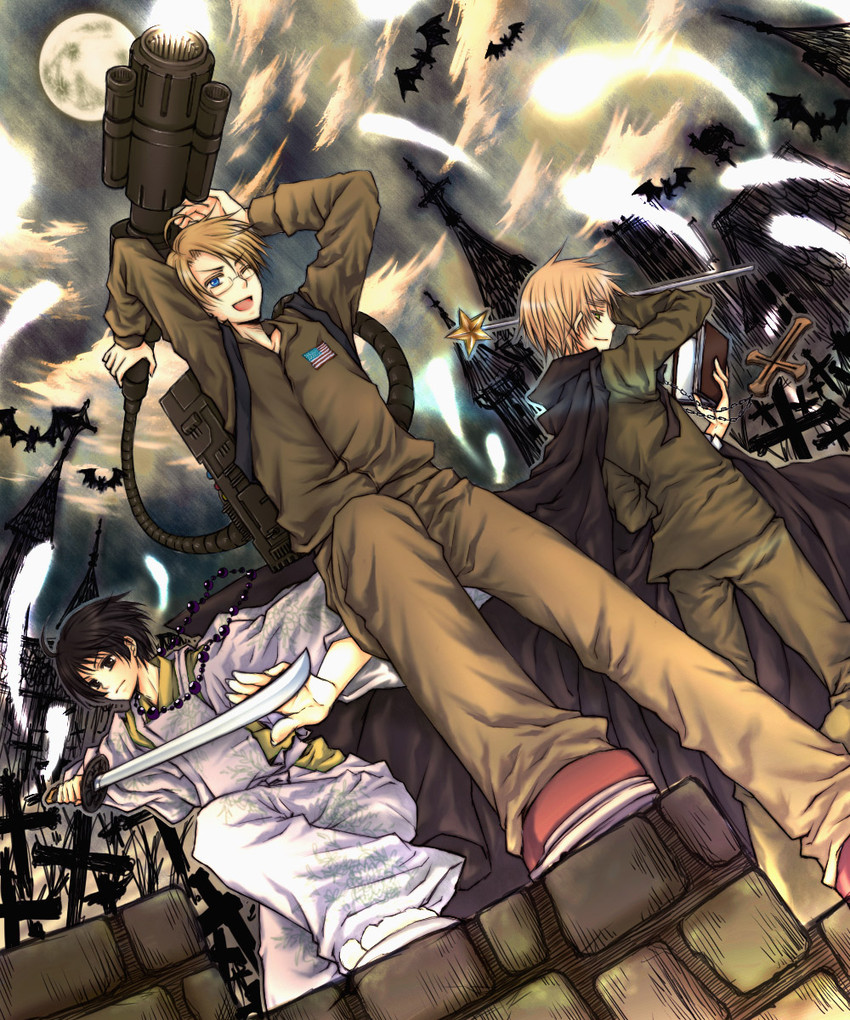 america, united kingdom, japan, and egon spengler (axis powers hetalia and 1 more) drawn by roony_(pixiv)