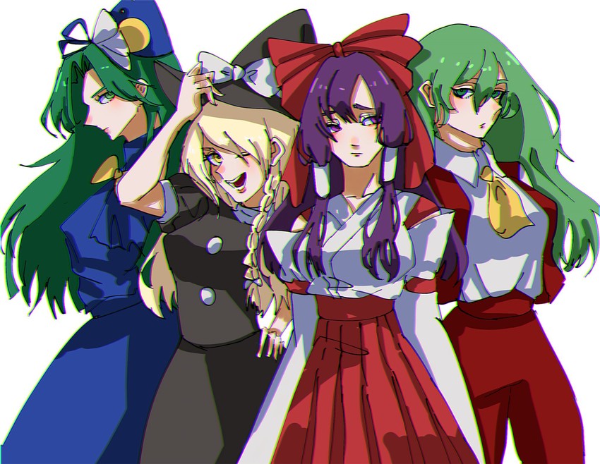 hakurei reimu, kirisame marisa, kazami yuuka, and mima (touhou and 1 more) drawn by hat_iue