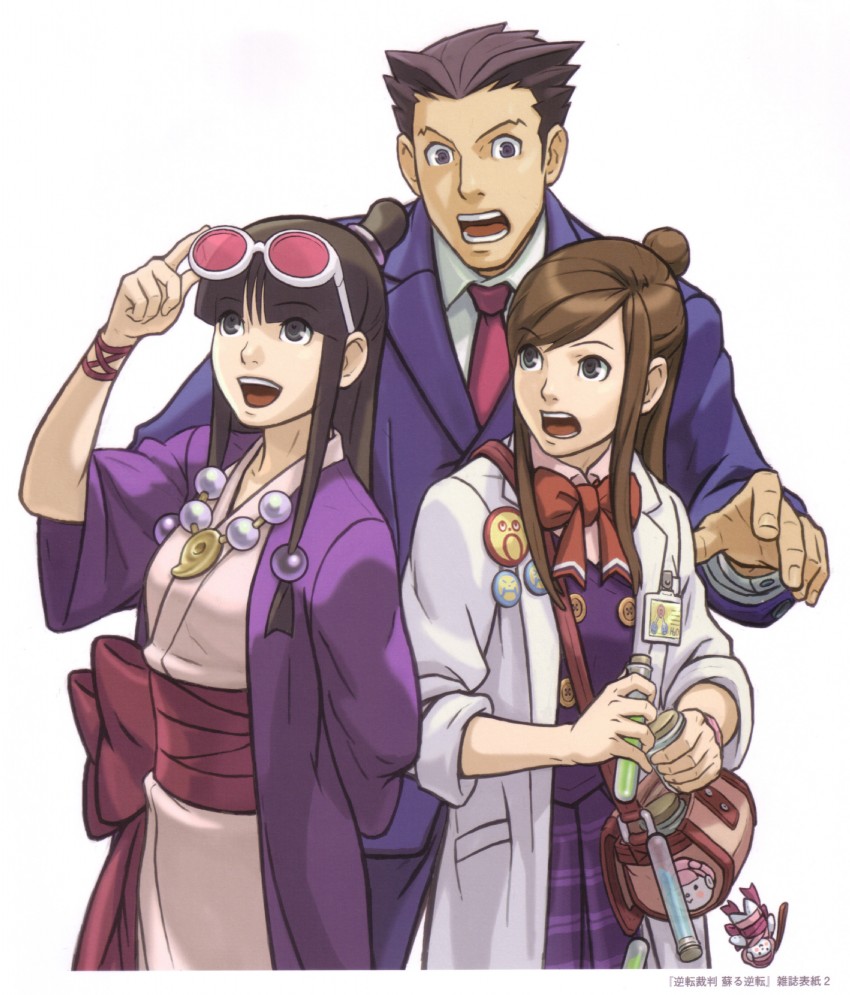 phoenix wright, maya fey, and ema skye (ace attorney and 1 more) drawn by nuri_kazuya
