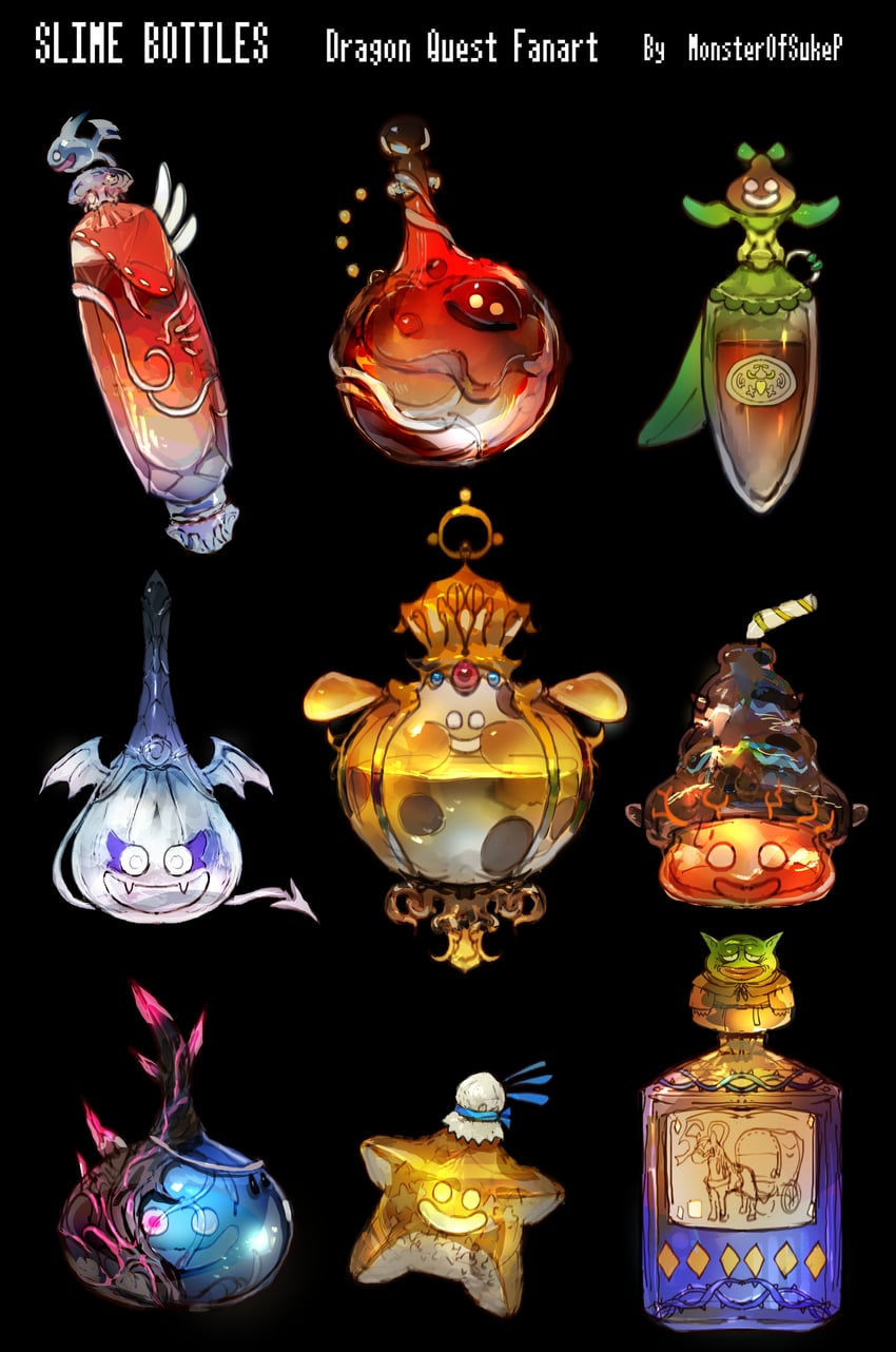 slime, king slime, trode, fright bulb, metal dragon slime, and 5 more (dragon quest and 1 more) drawn by sukepmonster