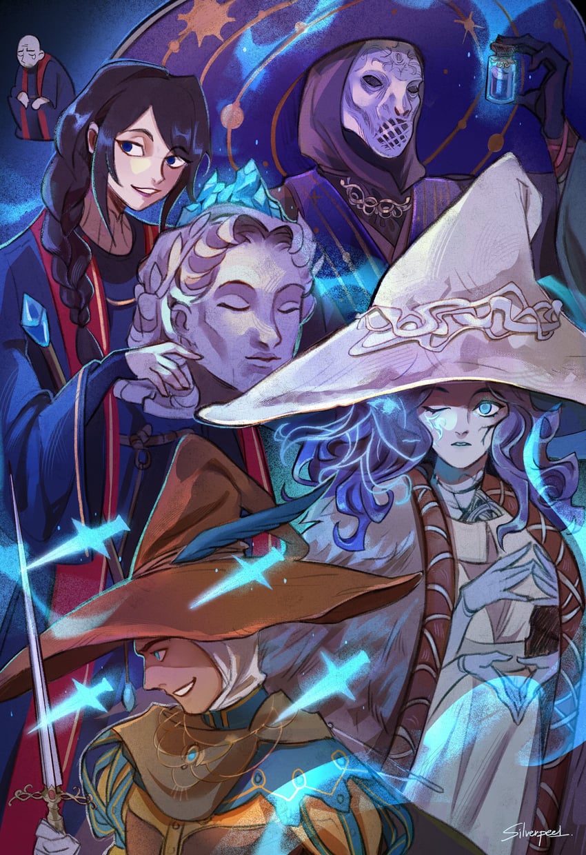 ranni the witch, sorceress sellen, sorcerer rogier, preceptor seluvis, and sorcerer thops (elden ring) drawn by silver-peel