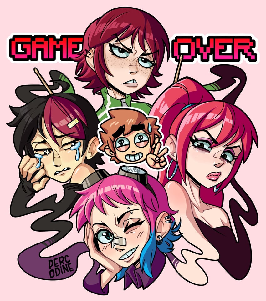 scott pilgrim, ramona flowers, kim pine, knives chau, and envy adams (scott pilgrim) drawn by percodine