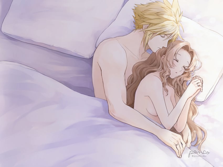 cloud strife and aerith gainsborough (final fantasy and 2 more) drawn by ancotsubu
