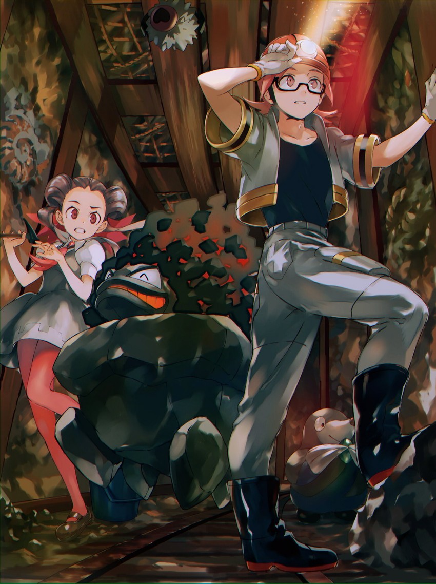 roxanne, woobat, roark, drilbur, and carkol (pokemon and 2 more) drawn by orange_mikan