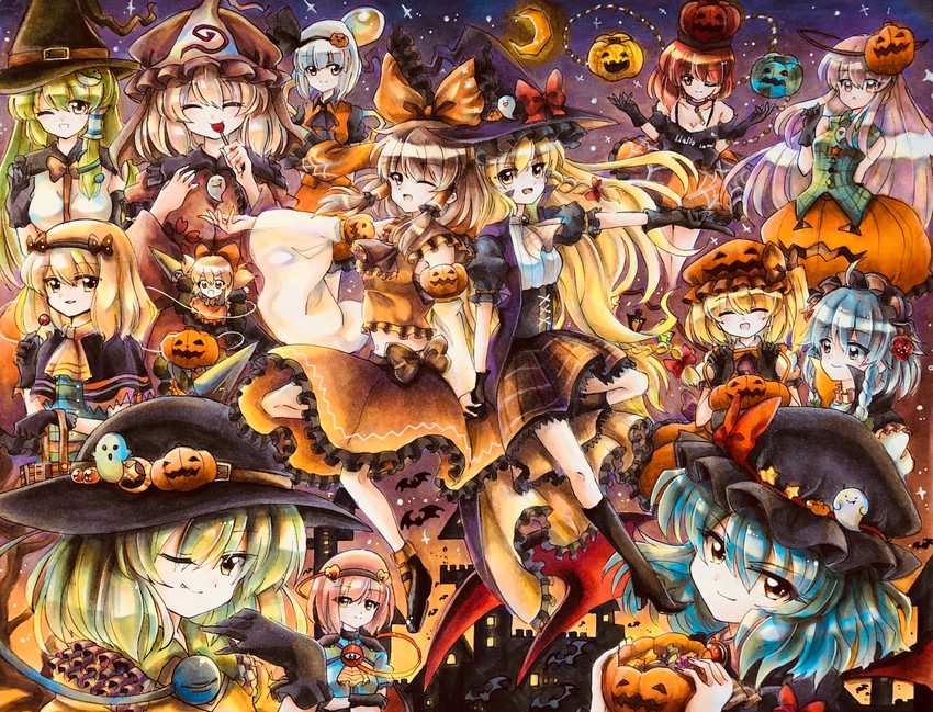 hakurei reimu, kirisame marisa, remilia scarlet, flandre scarlet, izayoi sakuya, and 9 more (touhou) drawn by hisako_(6anmbblfnjueeff)
