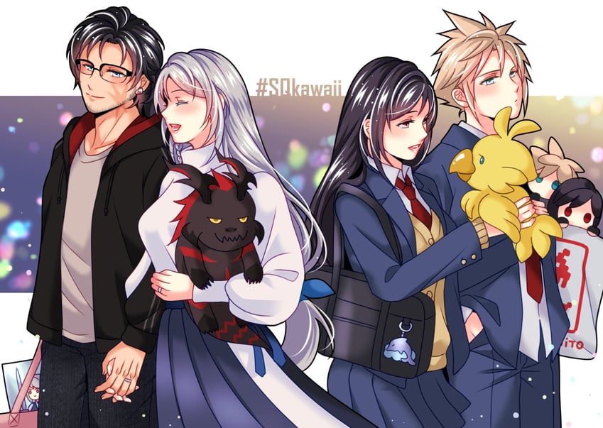 tifa lockhart, cloud strife, clive rosfield, jill warrick, and ifrit (final fantasy and 2 more) drawn by babigonice