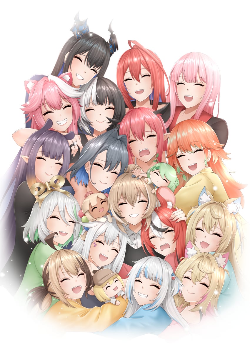 gawr gura, ninomae ina'nis, nanashi mumei, takanashi kiara, watson amelia, and 10 more (hololive and 1 more) drawn by popcornflakes