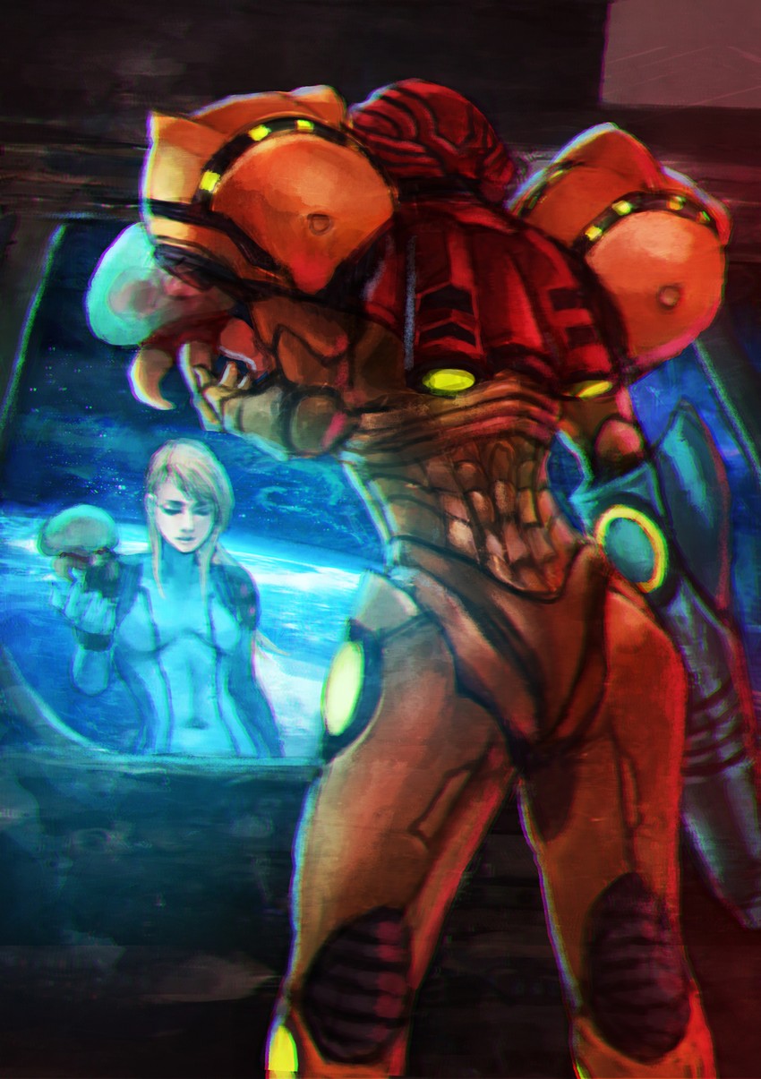 samus aran, metroid, and metroid larva (metroid) drawn by monori_rogue
