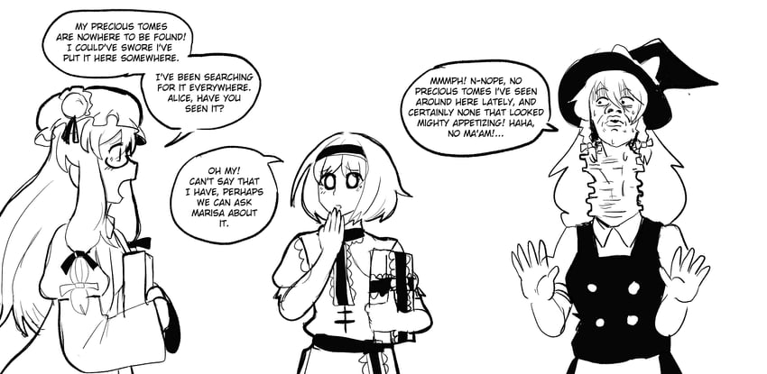 kirisame marisa, alice margatroid, patchouli knowledge, and wojak (touhou) drawn by hikibee