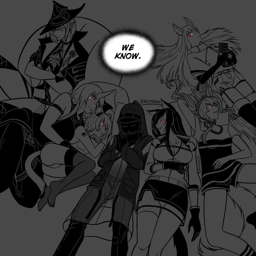 doctor, angelina, hoshiguma, male doctor, blaze, and 3 more (arknights) drawn by jactinglim