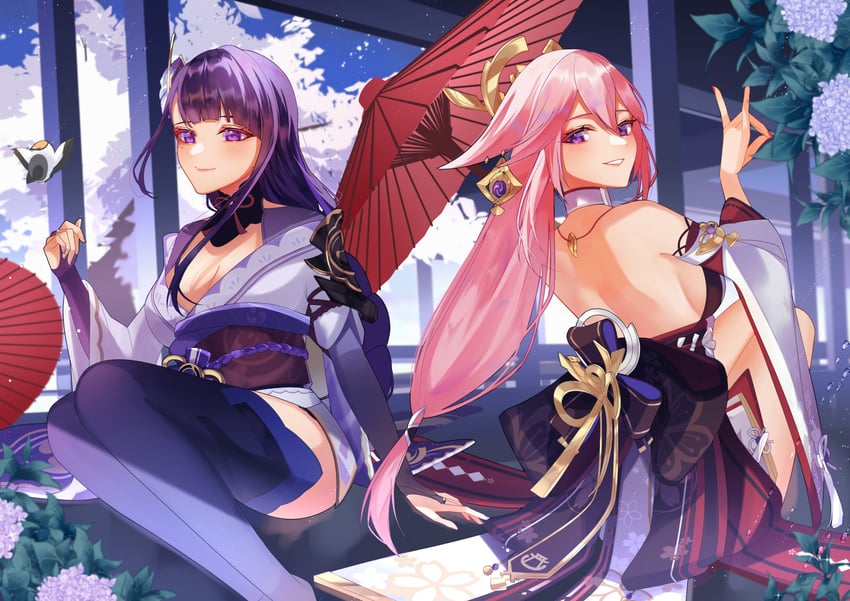 raiden shogun and yae miko (genshin impact) drawn by natsuki_yoru
