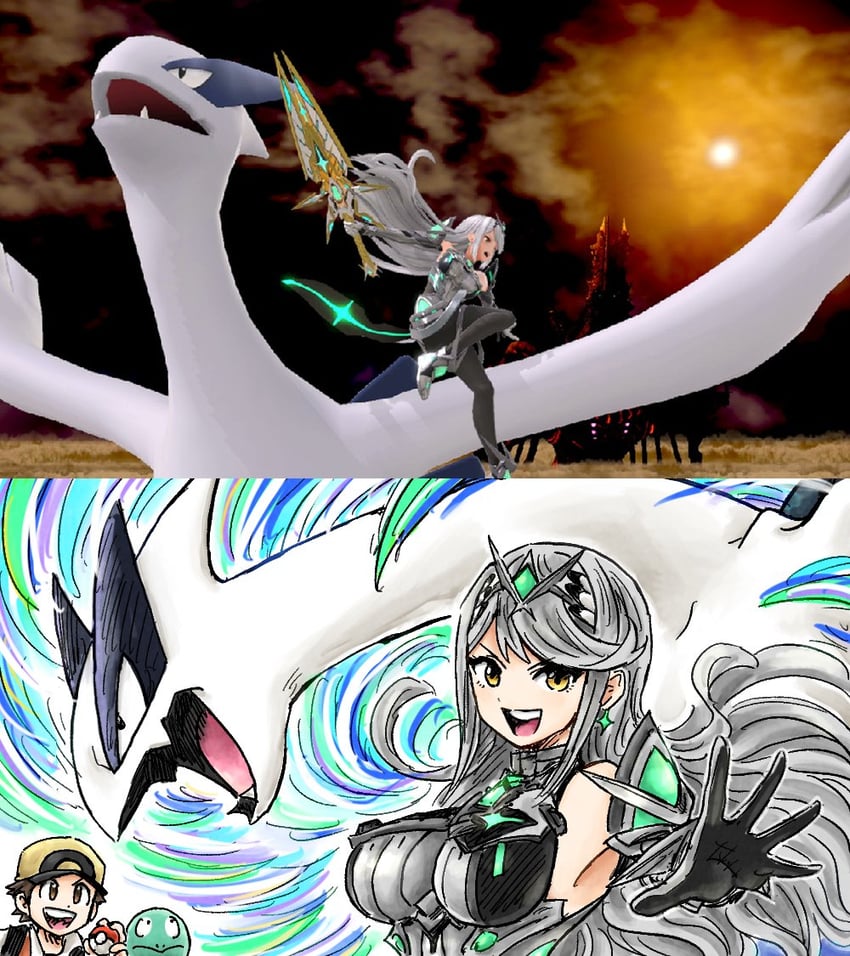 mythra, red, squirtle, and lugia (pokemon and 4 more) drawn by kicdon