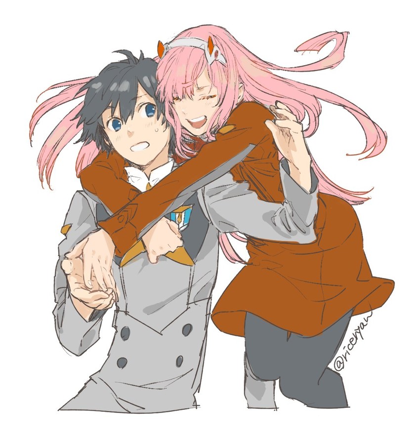 zero two and hiro (darling in the franxx) drawn by ricenyan