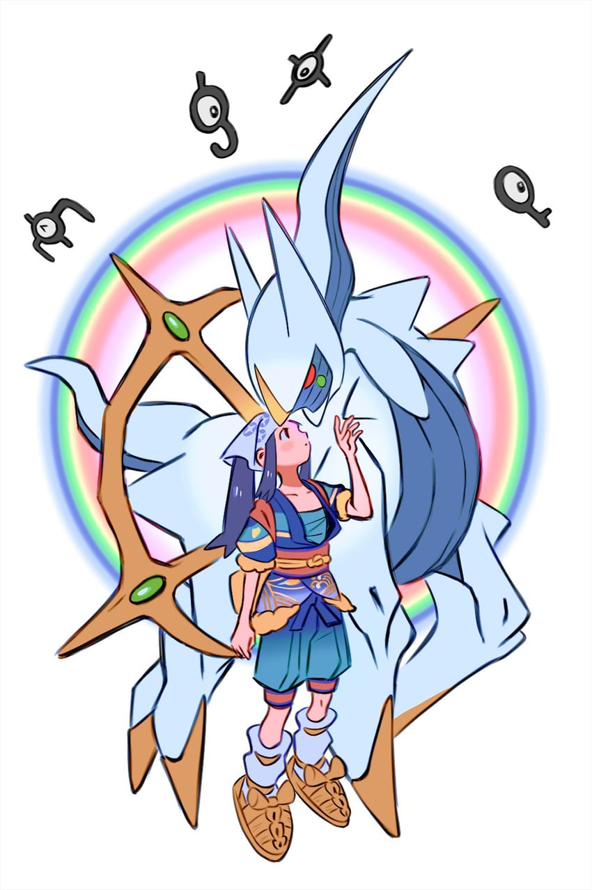 akari, arceus, unown, unown e, unown x, and 2 more (pokemon and 1 more) drawn by sanigo
