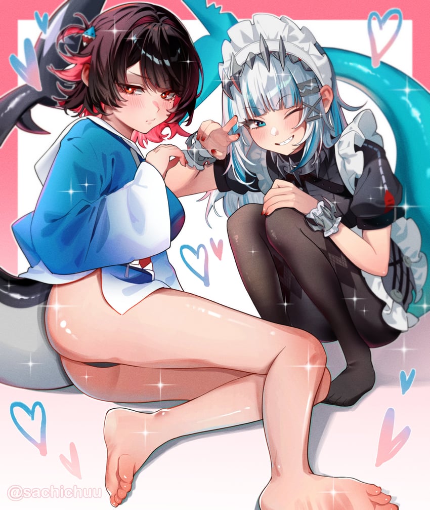 gawr gura and ellen joe (hololive and 2 more) drawn by sachichuu