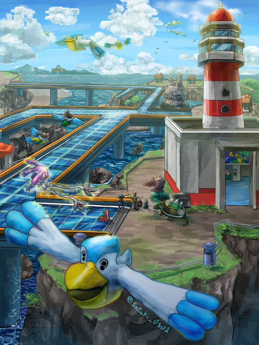lucario, lucas, wingull, ampharos, munchlax, and 7 more (pokemon and 1 more) drawn by satsuki_(pixiv44579273)
