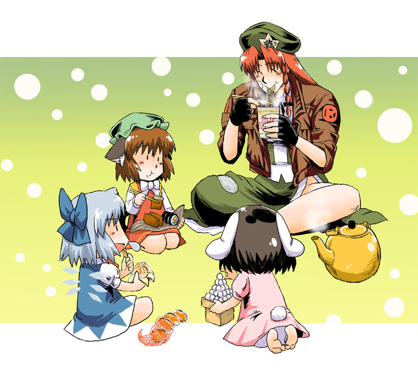 cirno, hong meiling, chen, and inaba tewi (touhou) drawn by azuki_osamitsu