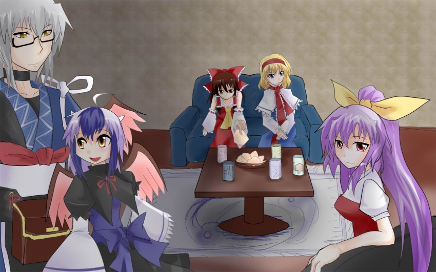 hakurei reimu, alice margatroid, morichika rinnosuke, watatsuki no yorihime, and tokiko (touhou) drawn by shishamoji