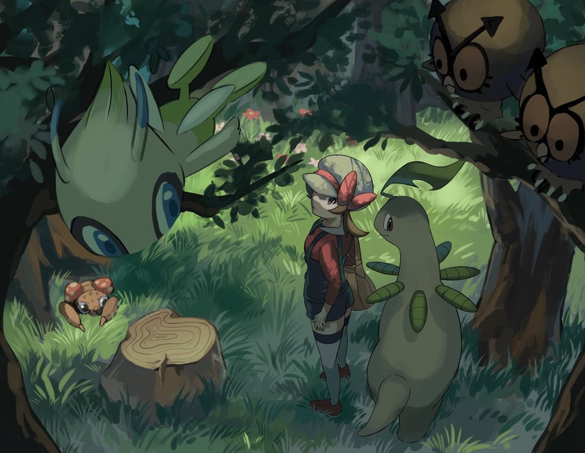 lyra, celebi, hoothoot, bayleef, and paras (pokemon and 1 more) drawn by meo_(user_mcgv3275)
