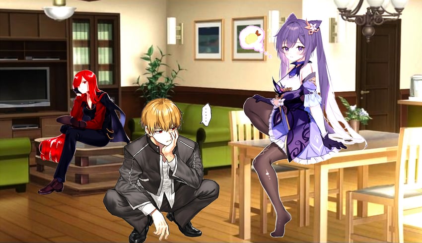 keqing, gilgamesh, and oda nobunaga (fate and 2 more) drawn by arurire, itsumi_mita, and none_(kameko227)