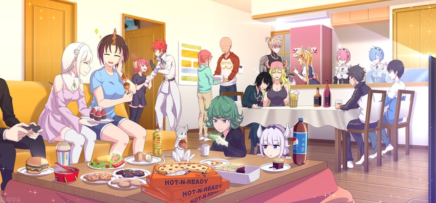 rem, tatsumaki, emilia, ram, kanna kamui, and 13 more (re:zero kara hajimeru isekai seikatsu and 4 more) drawn by rappa_(sirrappa)