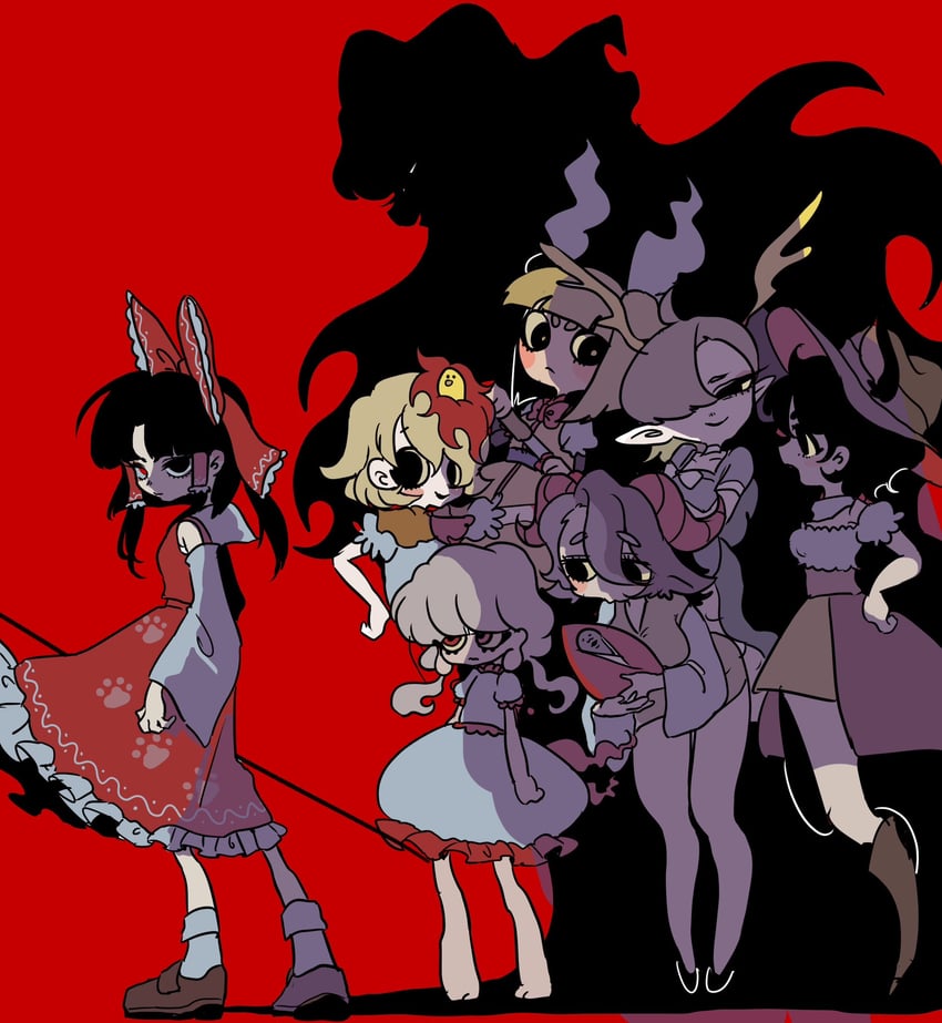 hakurei reimu, kicchou yachie, kurokoma saki, haniyasushin keiki, niwatari kutaka, and 3 more (touhou and 1 more) drawn by haniwa_kue