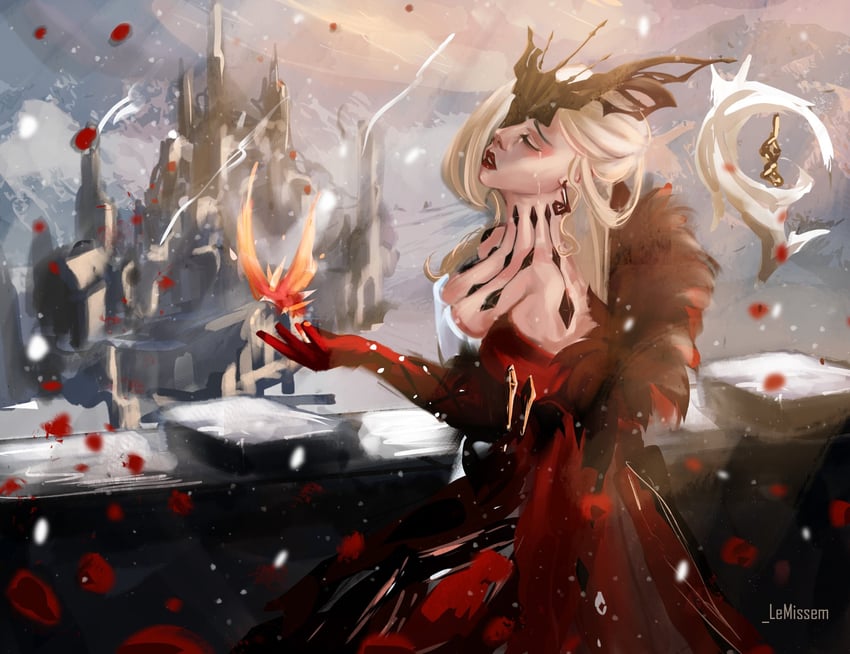 signora and crimson lotus moth (genshin impact) drawn by missem