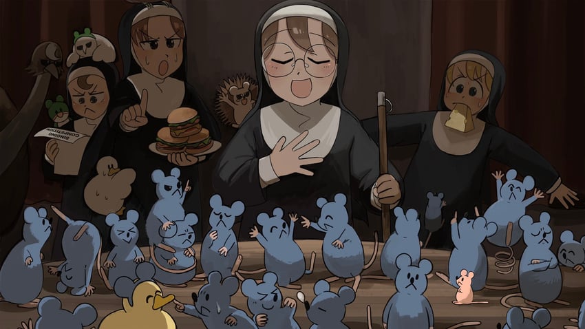 clumsy nun, froggy nun, glasses nun, and hungry nun (little nuns) drawn by diva_(hyxpk)