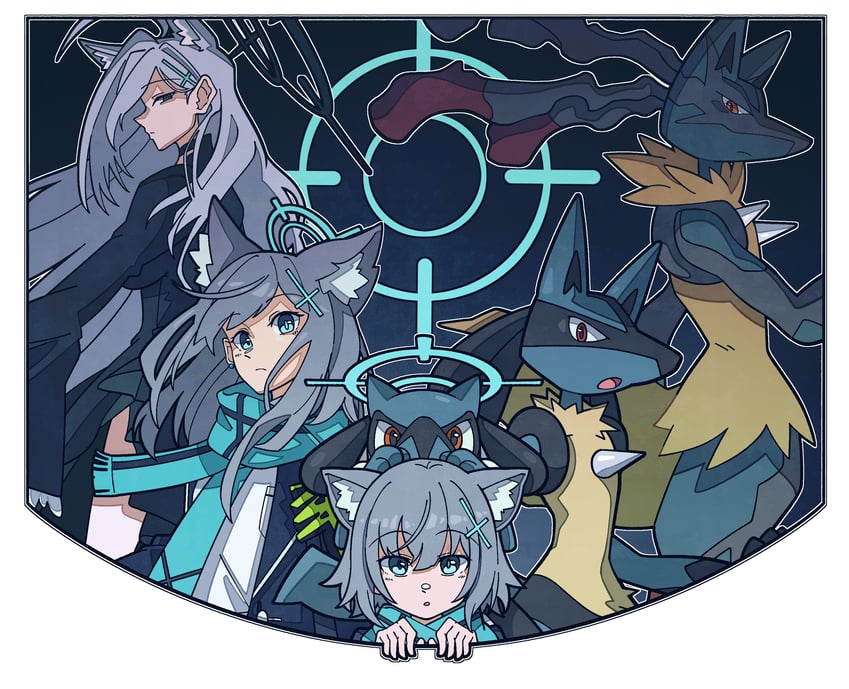shiroko, shiroko terror, lucario, riolu, and mega lucario (pokemon and 1 more) drawn by toucho3691