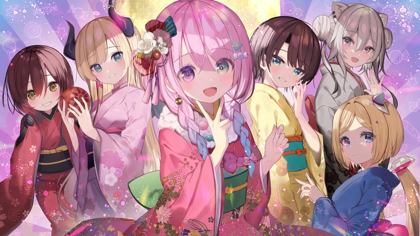 oozora subaru, shishiro botan, himemori luna, yuzuki choco, aki rosenthal, and 1 more (hololive) drawn by amakawa_sakko