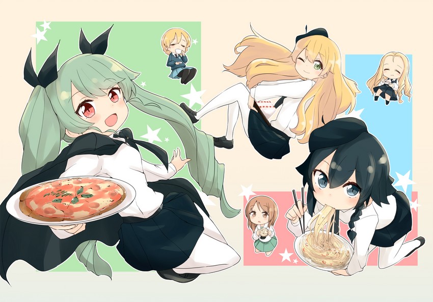 nishizumi miho, darjeeling, anchovy, pepperoni, marie, and 1 more (girls und panzer) drawn by barashiya