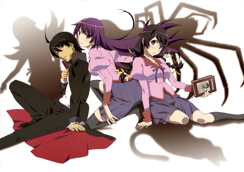 oshino shinobu, senjougahara hitagi, hanekawa tsubasa, and araragi koyomi (monogatari and 2 more) drawn by watanabe_akio