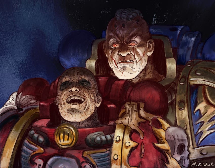 adeptus astartes, chaos space marine, kharn the betrayer, and erebus (warhammer 40k and 1 more) drawn by relithel