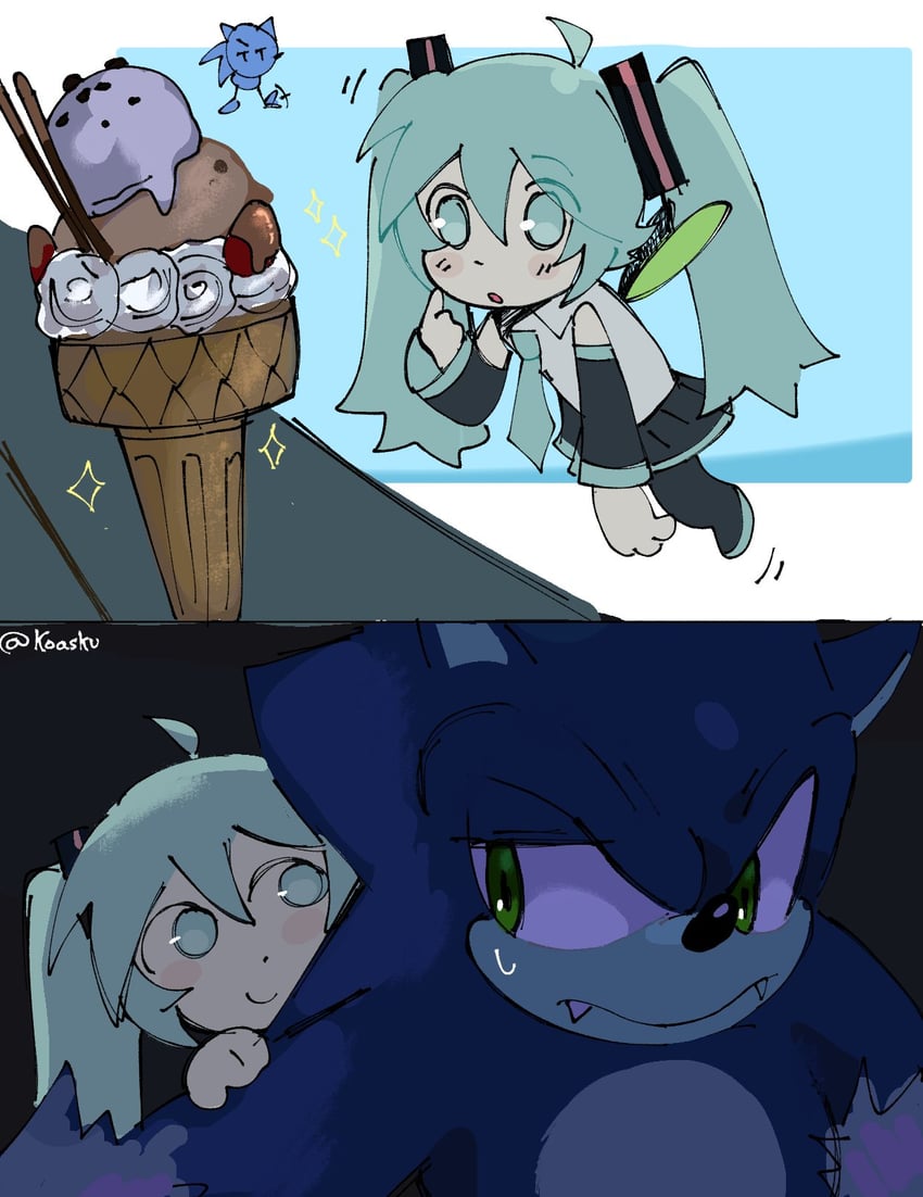 hatsune miku, sonic the hedgehog, and sonic the werehog (vocaloid and 3 more) drawn by koasku