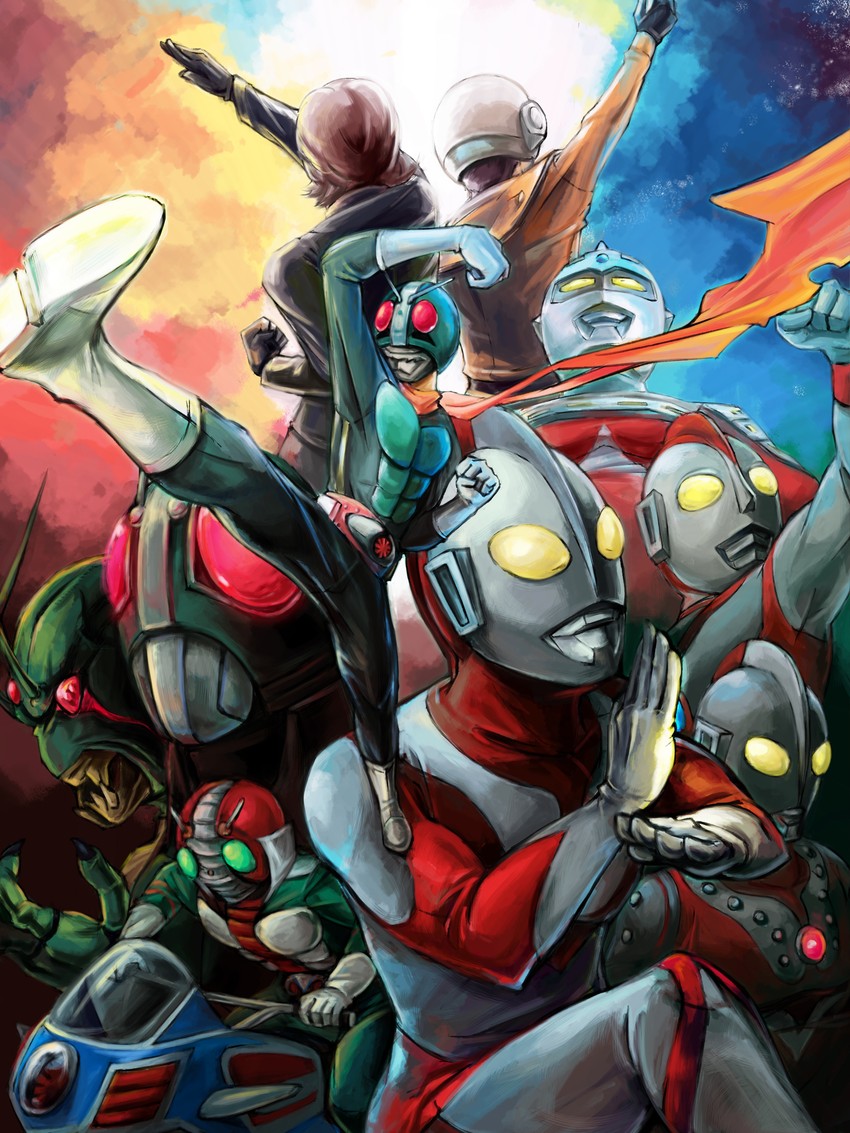 kamen rider 1, ultraman, kamen rider black rx, ultraseven, kamen rider v3, and 5 more (kamen rider and 8 more) drawn by polyacryla