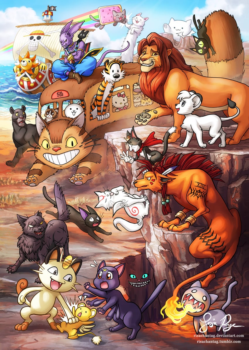 kero, meowth, hello kitty, cheshire cat, luna, and 22 more (pokemon and 23 more) drawn by risachantag