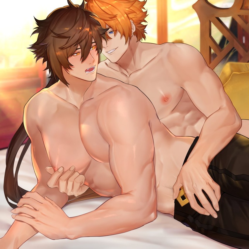 zhongli and tartaglia (genshin impact) drawn by zhineart