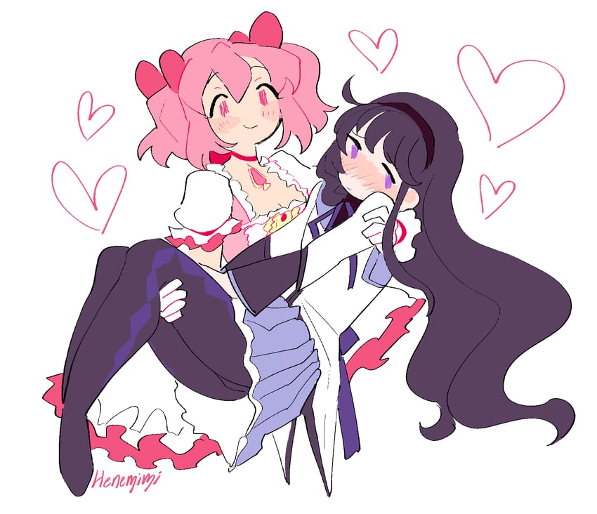 akemi homura and kaname madoka (mahou shoujo madoka magica) drawn by henemimi