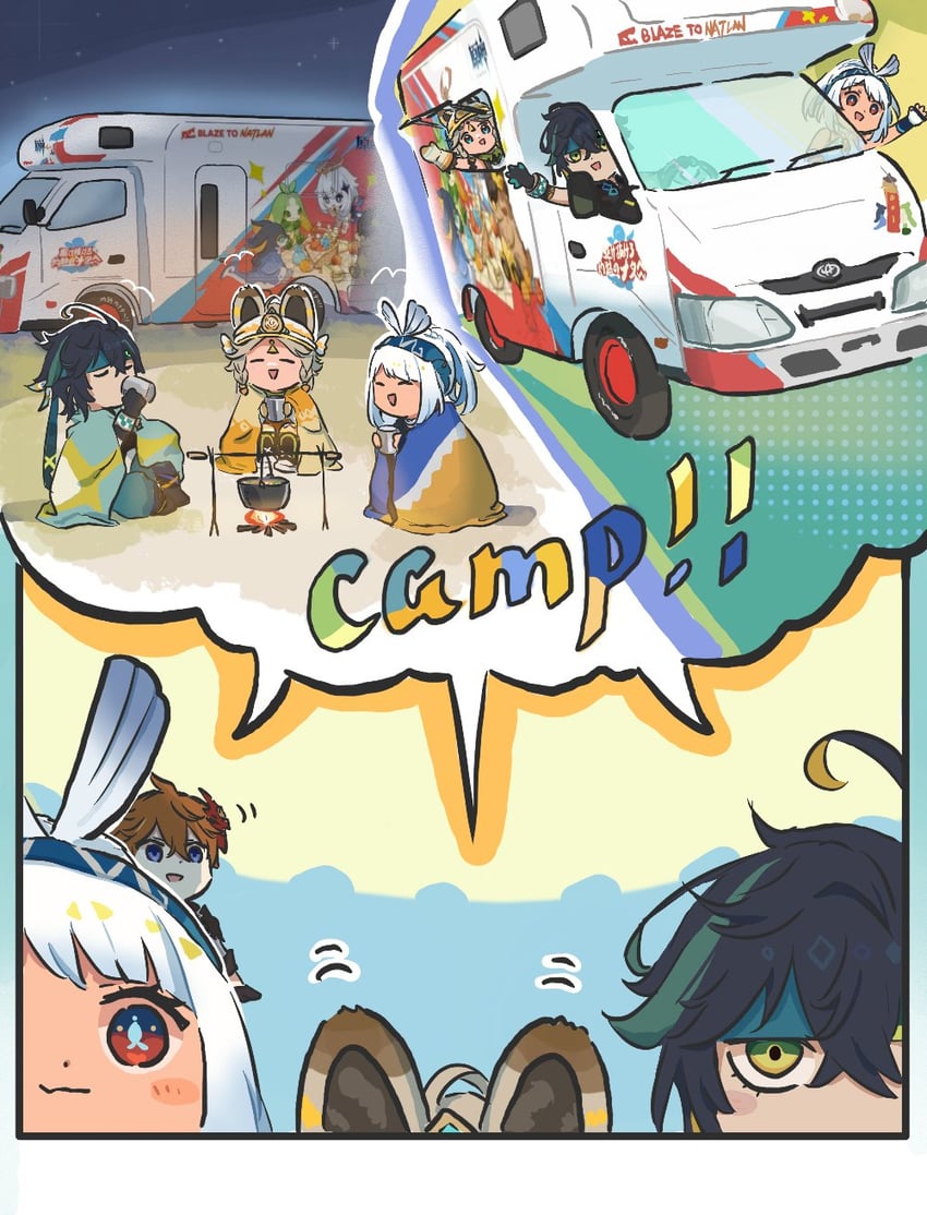 paimon, tartaglia, mualani, kinich, kachina, and 3 more (genshin impact) drawn by xinzoruo