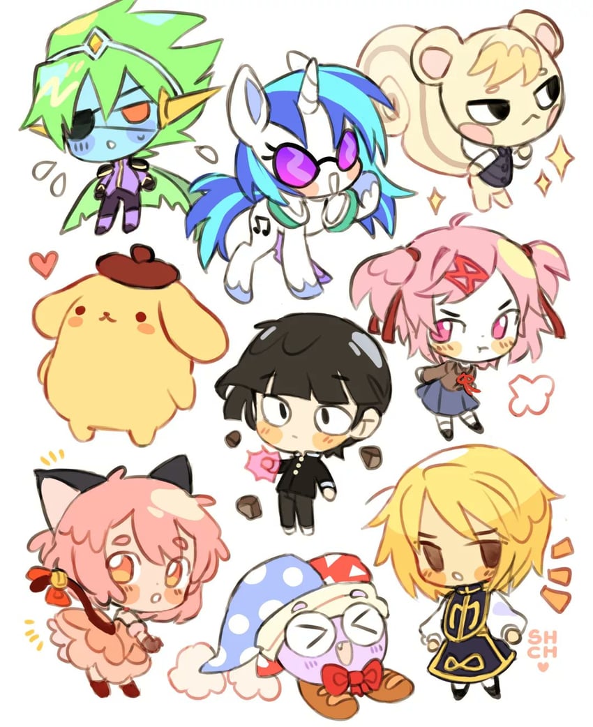 kageyama shigeo, natsuki, kurapika, marx, pompompurin, and 5 more (omori and 9 more) drawn by sharpycharot