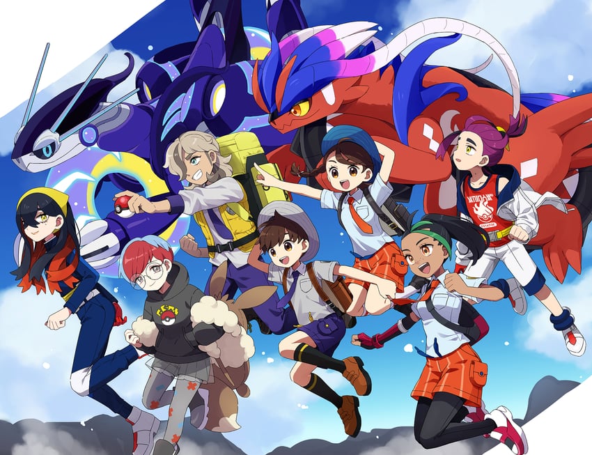 kieran, juliana, carmine, florian, nemona, and 4 more (pokemon and 1 more) drawn by rii_(pixiv11152329)
