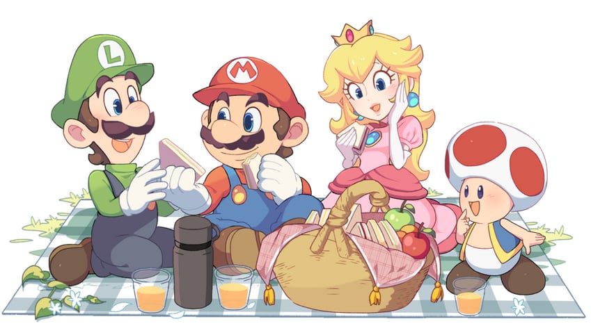 princess peach, mario, luigi, toad, and red toad (mario) drawn by hoshikuzu_pan